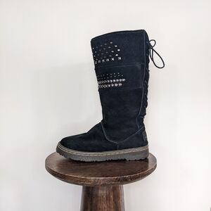 BearPaw Studded Black Suede Winter Boots (Wool & Sheepskin Lining)